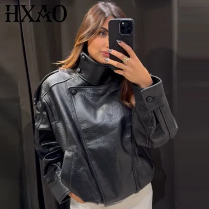 HXAO Faux Leather Black Jackets For Woman New Arrival Cropped Oversize Bomber Jacket Zip-Up Long Sleeve Coats Motorcycle Jackets