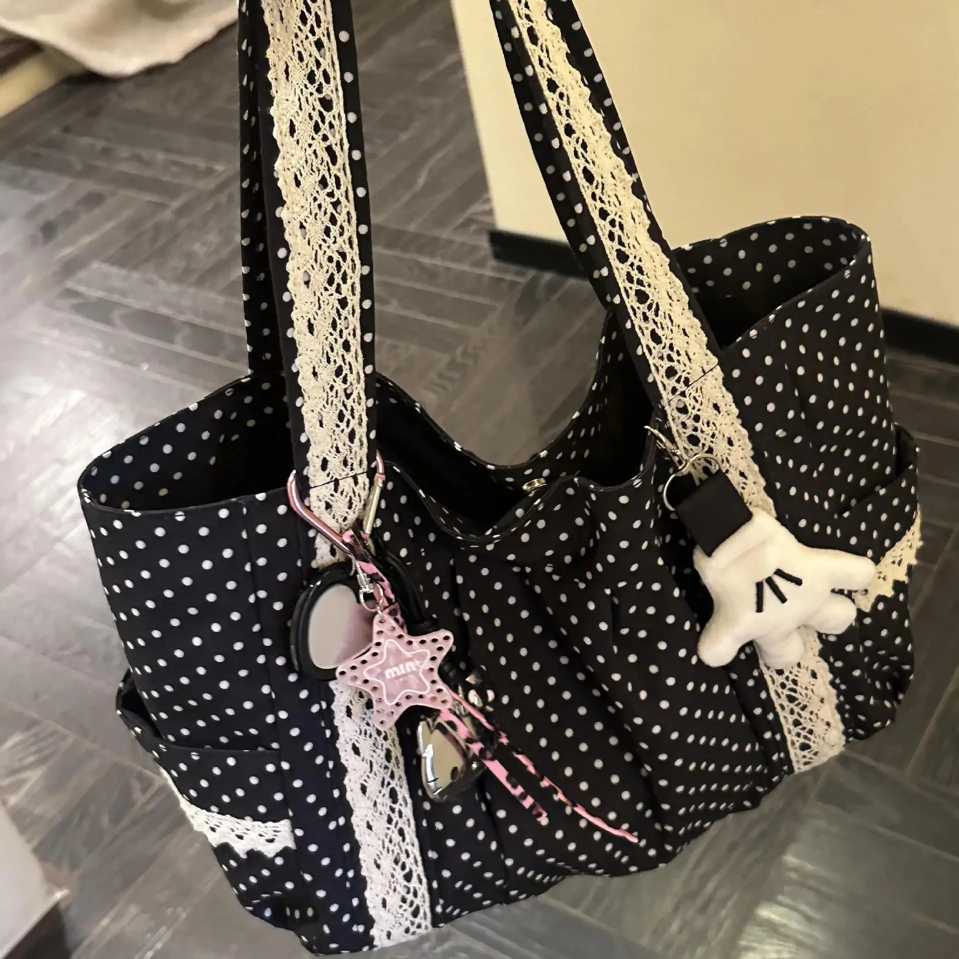 women shoulder bag for korean vintage canvas cute lace large capacity tote multi pocket handbag fashion round dot underarm bag Women Shoulder Bag For Korean Vintage Canvas Cute Lace Large Capacity Tote Multi Pocket Handbag Fashion Round Dot Underarm Bag